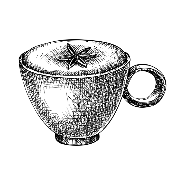 Morning coffee cup sketch. Sketched drink illustration. Vector sketch of mug with aromatic cappuccino. Coffee with milk and spices sketch. Hot drink drawing isolated on white background